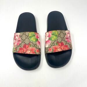 Gucci GG Blooms Supreme Floral Slide Slip On Rubber Sandals Flats EU 42